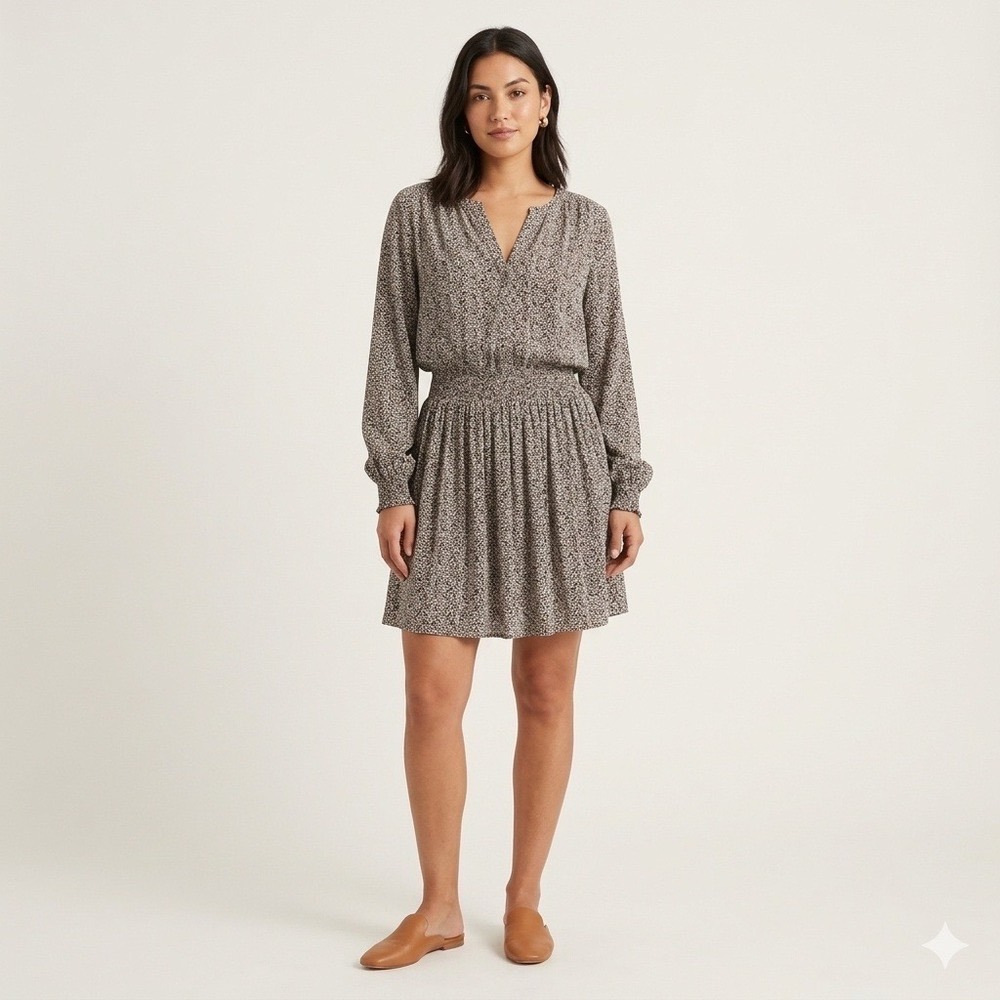 Faherty Montara Mini Dress Leaf Batik Brown Smocked Waist Small S NWT Casual